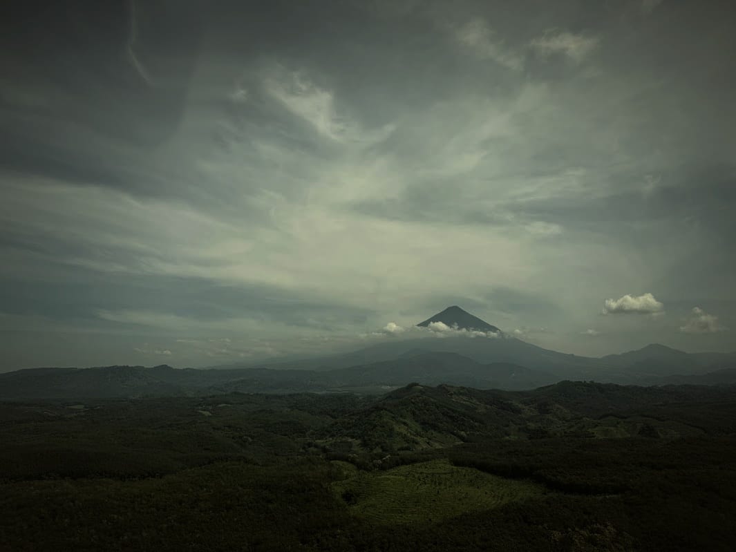Aerial view of the Guatemalan highlands with a volcano on the horizon and visible intercropping — dark rubber overstory and lighter banana plantings among the ridgelines